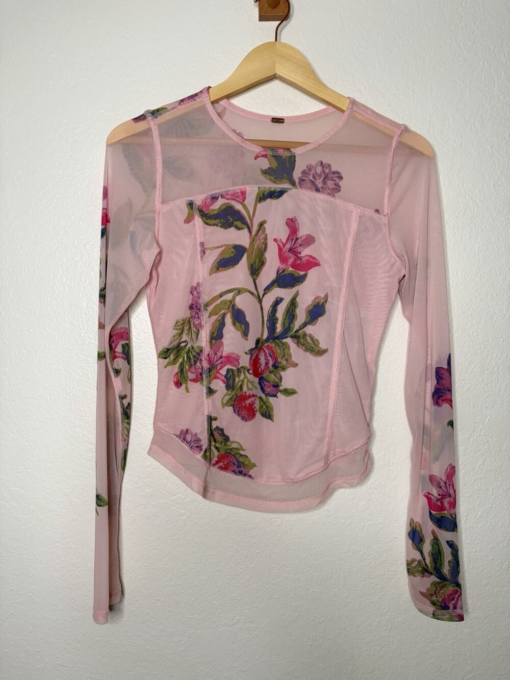 Free People Betty's Garden Top in Pink Semi Sheer Mesh Size Medium Fairycore Y2K